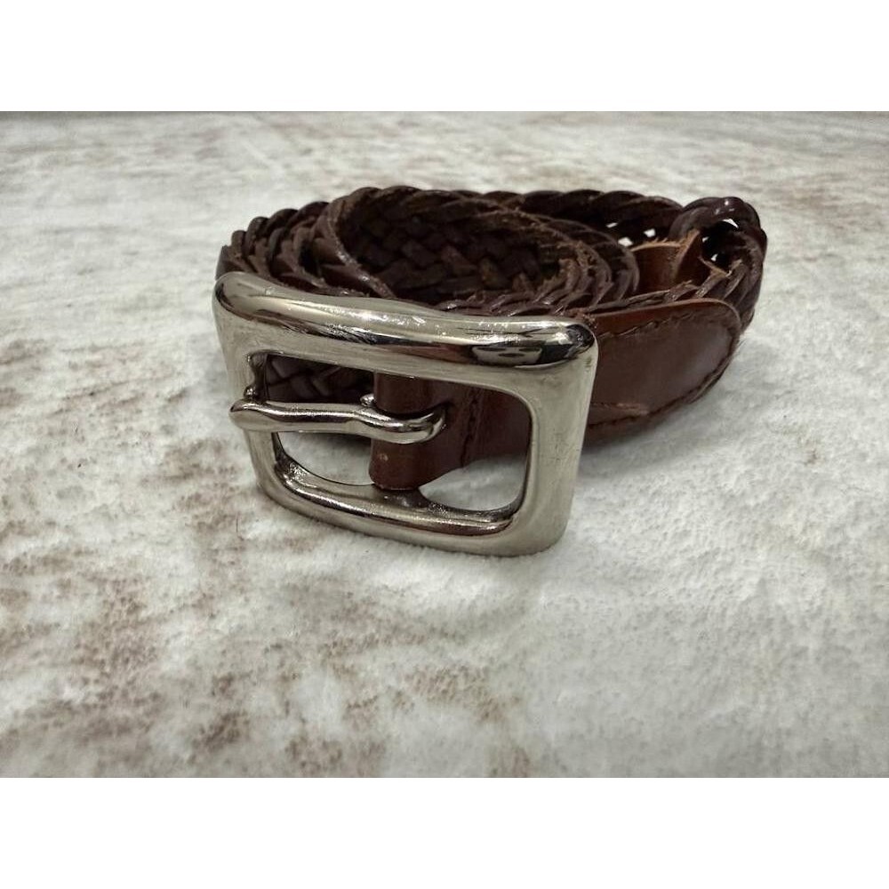 Vintage Ann Taylor Dark Brown Braided Leather Belt Small S Silver Solid Brass 32